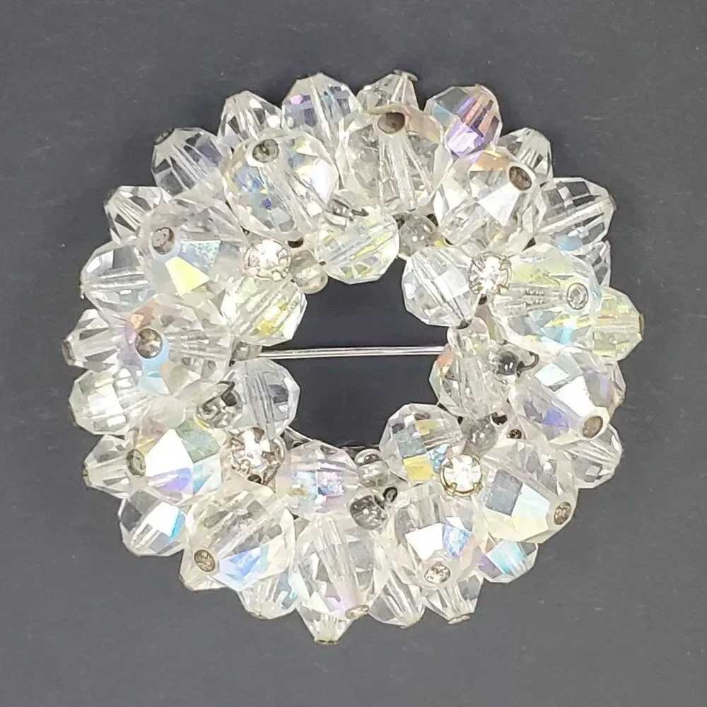 Vintage Aurora Borealis Clear AB Glass Beaded Cluster Wreath‎ Circle Brooch Pin